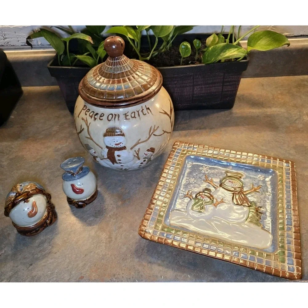 St. Nicolas Square Vtg Peace on Earth Snowman Cookie Jar, Plate,  Salt & Pepper
